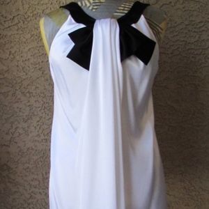 ST JOHN Caviar White Satin Black Bow Blouse 12 NEW